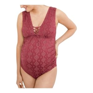 NEW A Pea in the Pod Maroon Tie front one piece maternity bathing suit Small